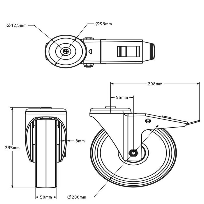 Nylon zwenkwiel met rem 200 mm - boutgat - rollager- 350 kg