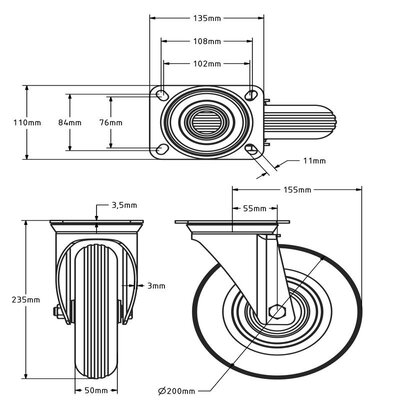 Zwenkwiel 200 mm - luchtband - 75 kg