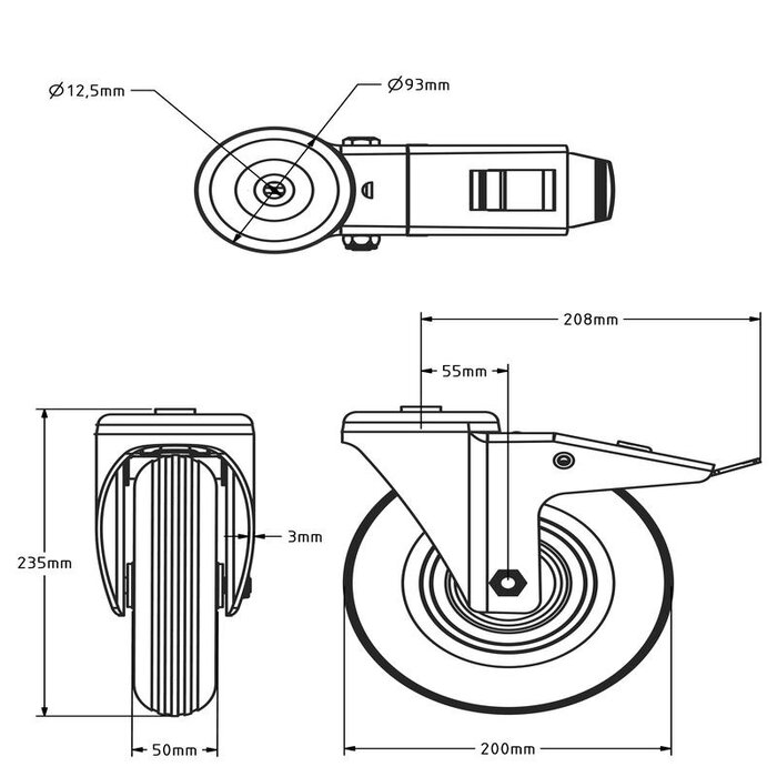 Zwenkwiel met rem 200 mm - luchtband - 75 kg