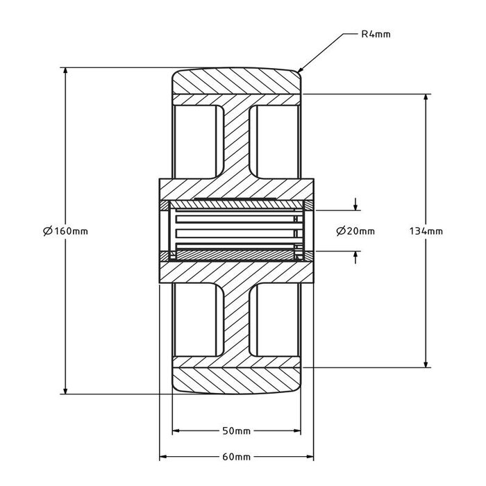 PU wiel 160 mm - rollager asgat 20 mm - 350 kg