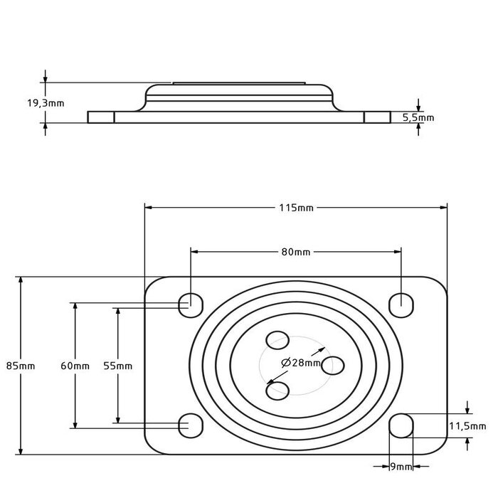 Druklager - Draaikrans 105x80 mm - 250 kg