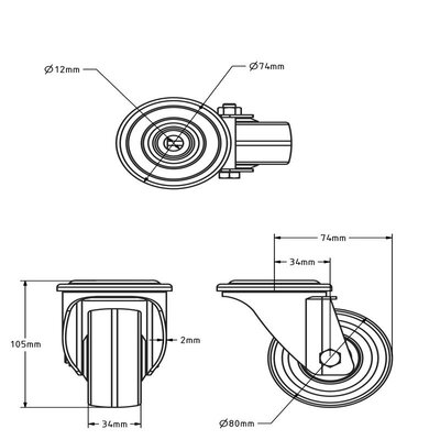 RVS PU zwenkwiel 80 mm - boutgat - kogellager - 120 kg