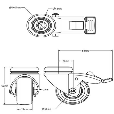 Zwart zwenkwiel met rem 50 mm - boutgat - 50 kg