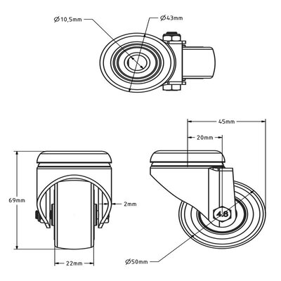 Zwart zwenkwiel 50 mm - kogellager - boutgat - 50 kg