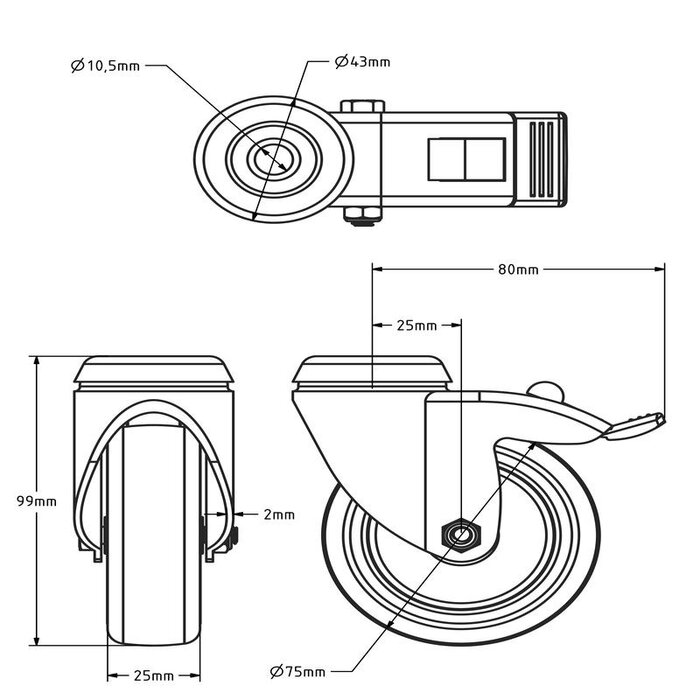 Zwart zwenkwiel met rem 75 mm - kogellager - boutgat - 75 kg