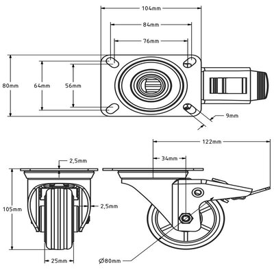 Rubber zwenkwiel met rem 80 mm - rollager - 50 kg