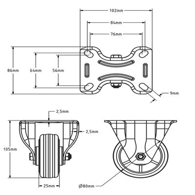 Rubber bokwiel 80 mm - rollager - 50 kg