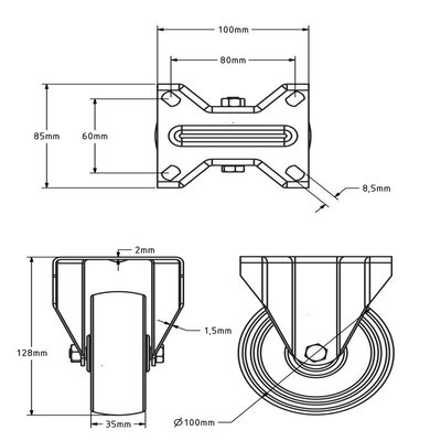 Hittebestendig bokwiel 100 mm - 150 kg