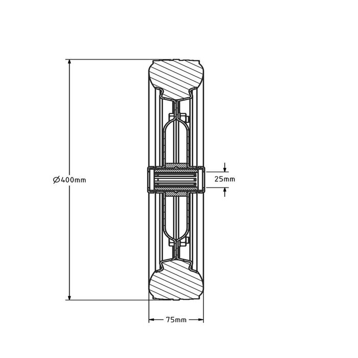 Rubber wiel 400 mm - rollager asgat 25 mm - 475 kg