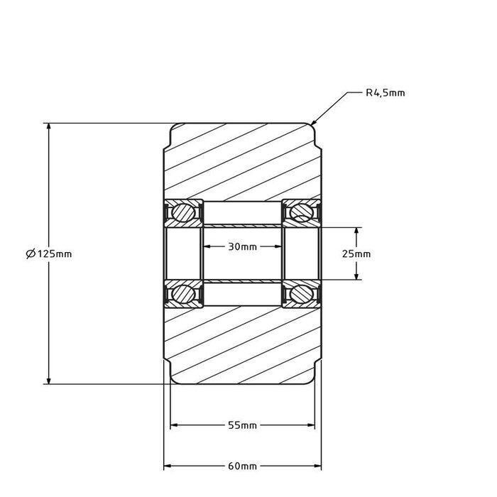 Gietnylon wiel 125 mm - kogellager - 2000 kg