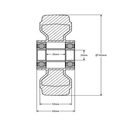 Rubber wiel 160 mm - kogellager asgat 20 mm - 400 kg