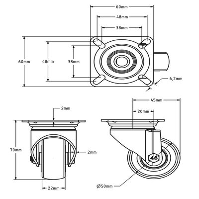 Zwart zwenkwiel 50 mm - kogellager - plaat - 50 kg