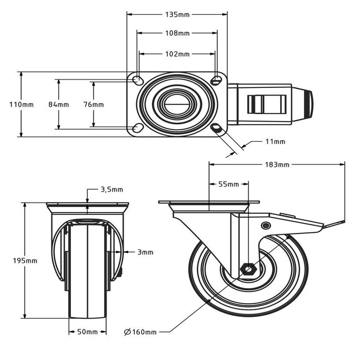 PU zwenkwiel met rem 160 mm - kogellager - 350 kg