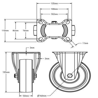 PU bokwiel 160 mm - kogellager - 350 kg