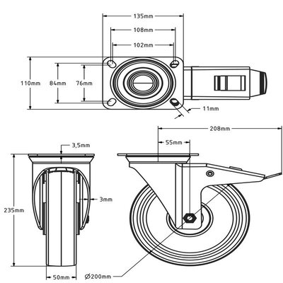 PU zwenkwiel met rem 200 mm - kogellager - 400 kg
