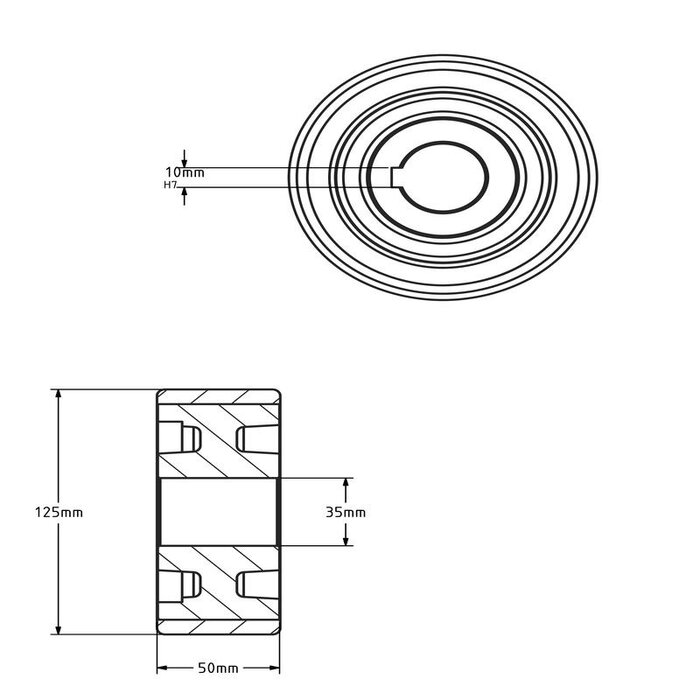 Vulkollan aandrijfwiel 125x50 mm - Boring 35 mm H7 spiebaan - 560 kg