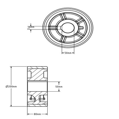 Polyurethaan aandrijfwiel 200x80 mm - Boring 50 mm H7 spiebaan - 1600 kg