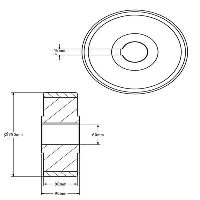 Polyurethaan aandrijfwiel 250x80 mm - Boring 60 mm H7 spiebaan - 1800 kg