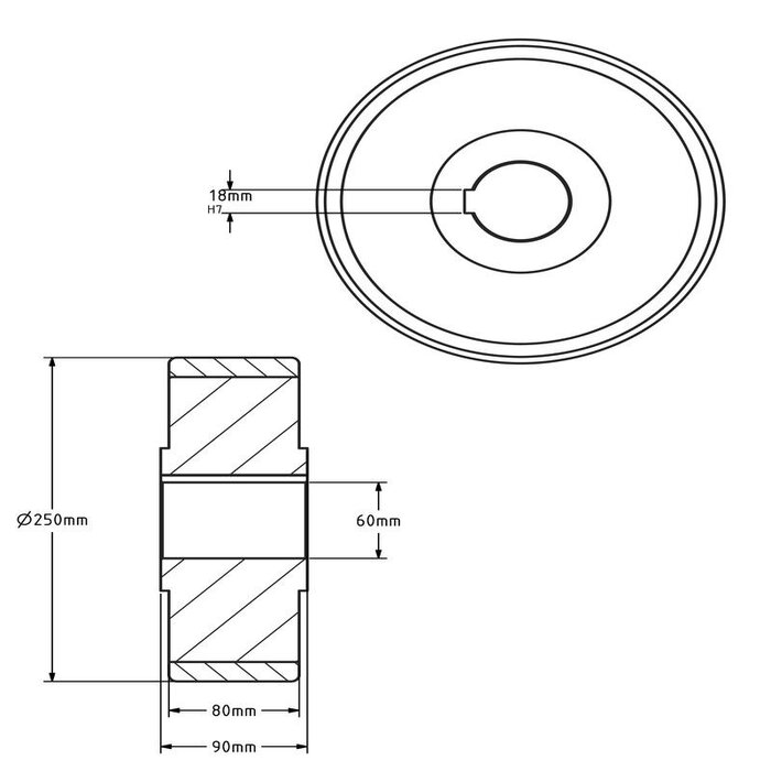 Polyurethaan aandrijfwiel 250x80 mm - Boring 60 mm H7 spiebaan - 1800 kg