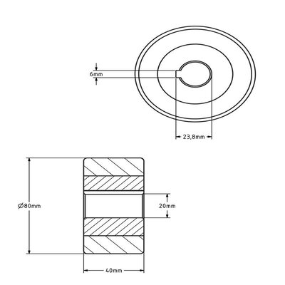 PU aandrijfwiel 80x40 mm - Boring 20 mm H7 spiebaan - 200 kg
