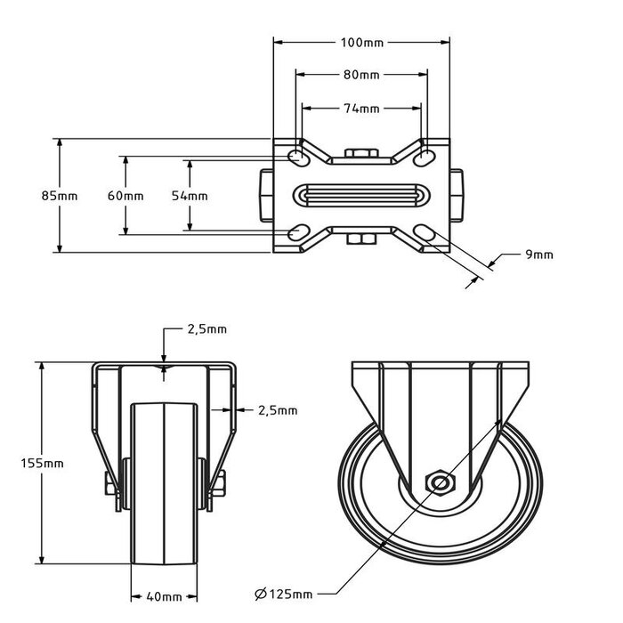 Rvs bokwiel 125 mm - Nylon - 150 kg