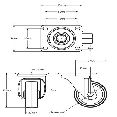 Rvs zwenkwiel 80 mm Nylon - rollager - 120 kg