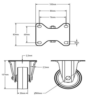 Rvs bokwiel 80 mm Nylon - rollager - 120 kg