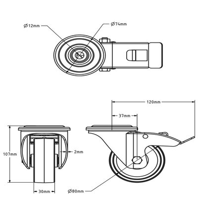 Rvs zwenkwiel met rem 80 mm Nylon - rollager - 120 kg