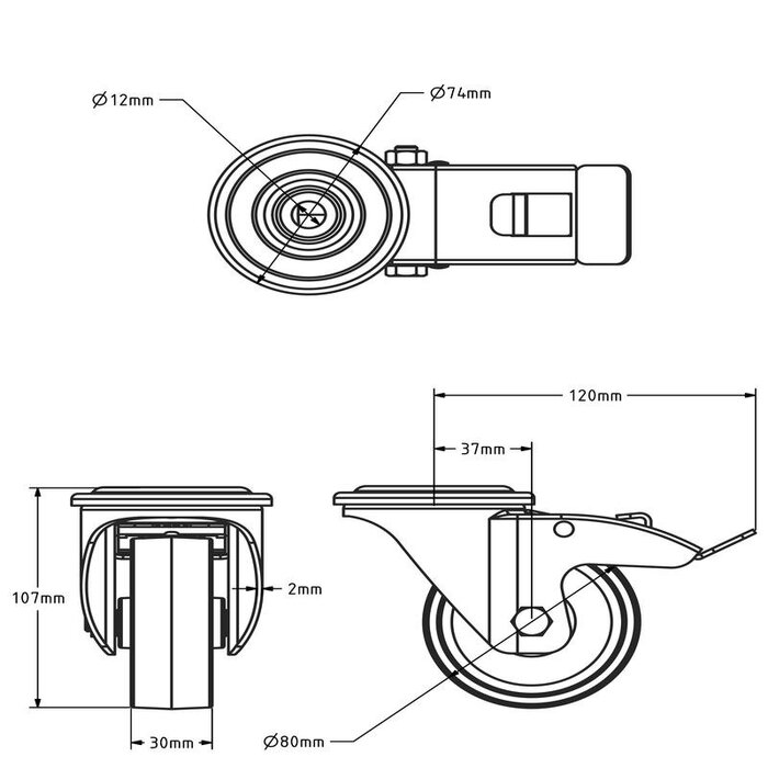 Rvs zwenkwiel met rem 80 mm Nylon - rollager - 120 kg