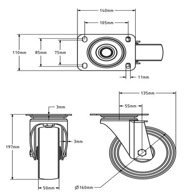 Rvs hittebestendig zwenkwiel 160 x 50 mm - 250 kg