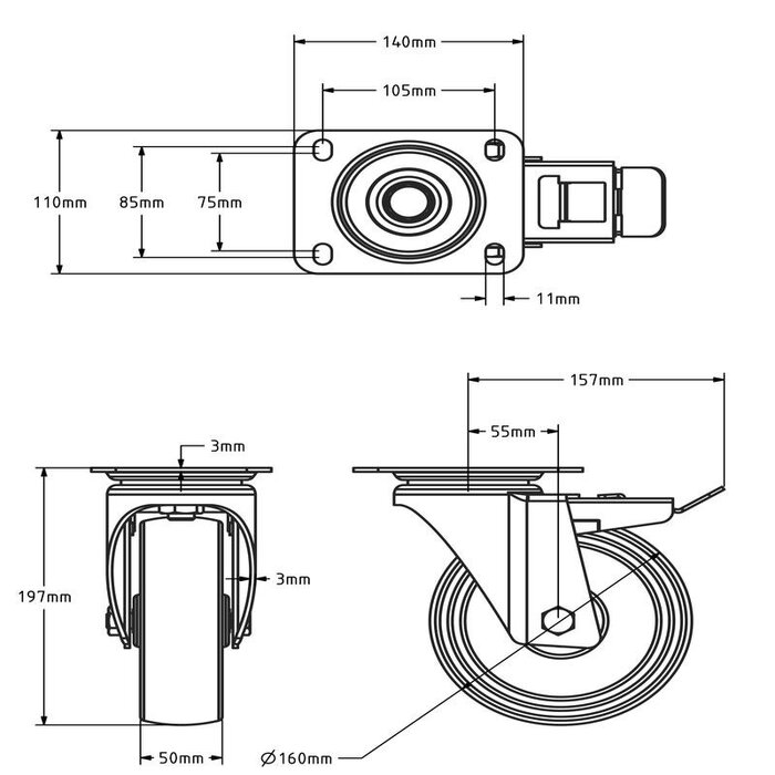 Rvs hittebestendig zwenkwiel met rem 160 x 50 mm - 250 kg