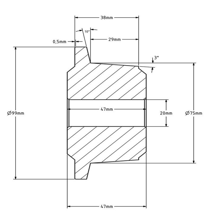 Flenswiel 75 mm - gietijzer - 700 kg