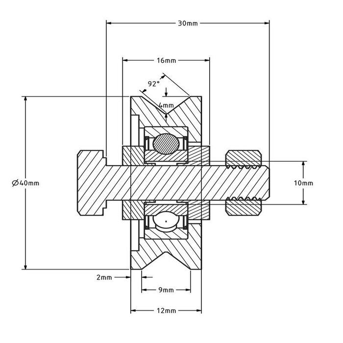 Groefwiel 40 mm met V groef - 70 kg