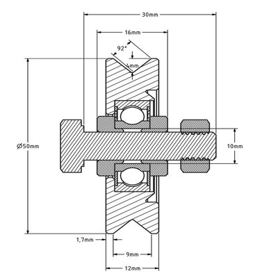 Groefwiel 50 mm met V groef - 70 kg