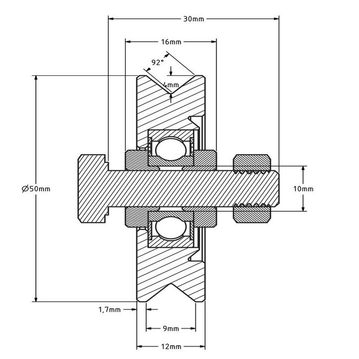 Groefwiel 50 mm met V groef - 70 kg