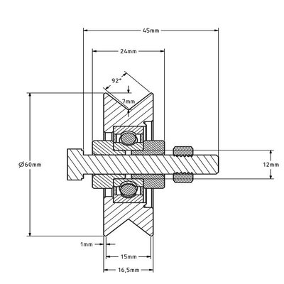 Groefwiel 60 mm met V groef - 100 kg