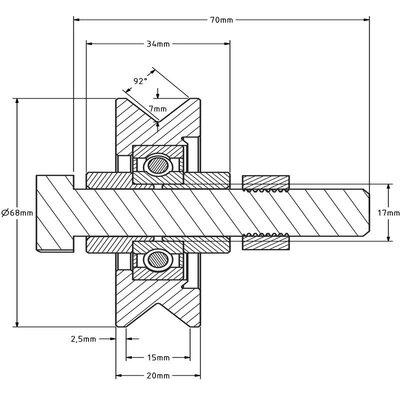 Groefwiel 70 mm met V groef - 190 kg