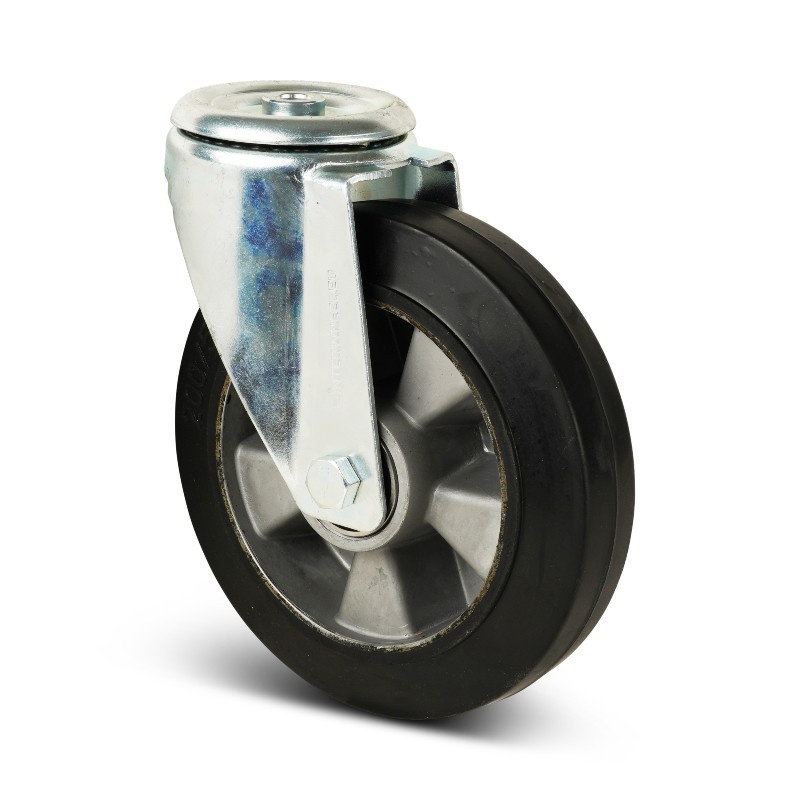 Elastisch rubber zwenkwiel 200 mm - boutgat - kogellager - 450 kg