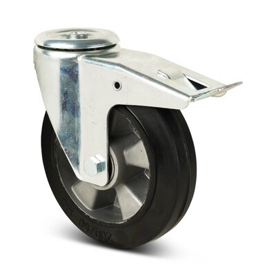 Elastisch rubber zwenkwiel met rem 200 mm - boutgat - kogellager - 450 kg