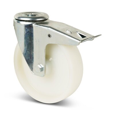 Nylon zwenkwiel met rem 200 mm - boutgat - rollager- 350 kg