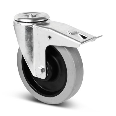 Rubber zwenkwiel met rem 200 mm - boutgat - kogellager - 400 kg