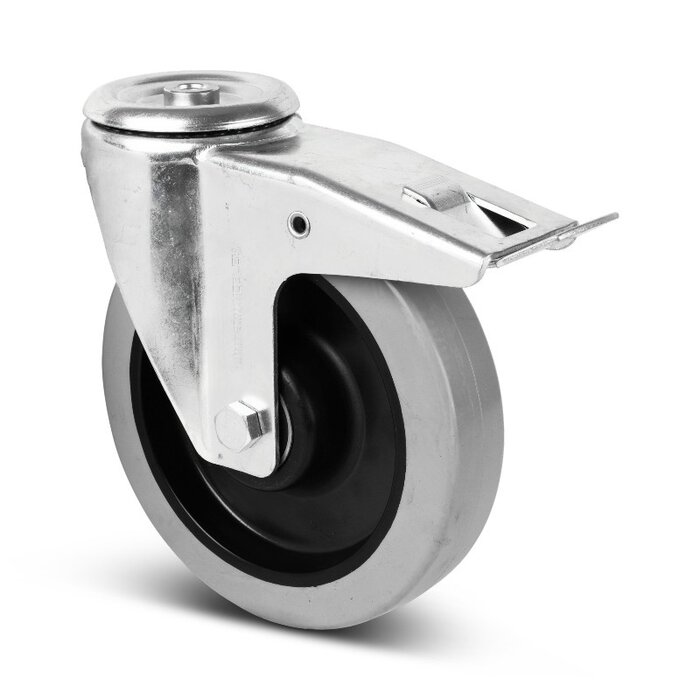 Rubber zwenkwiel met rem 200 mm - boutgat - kogellager - 400 kg