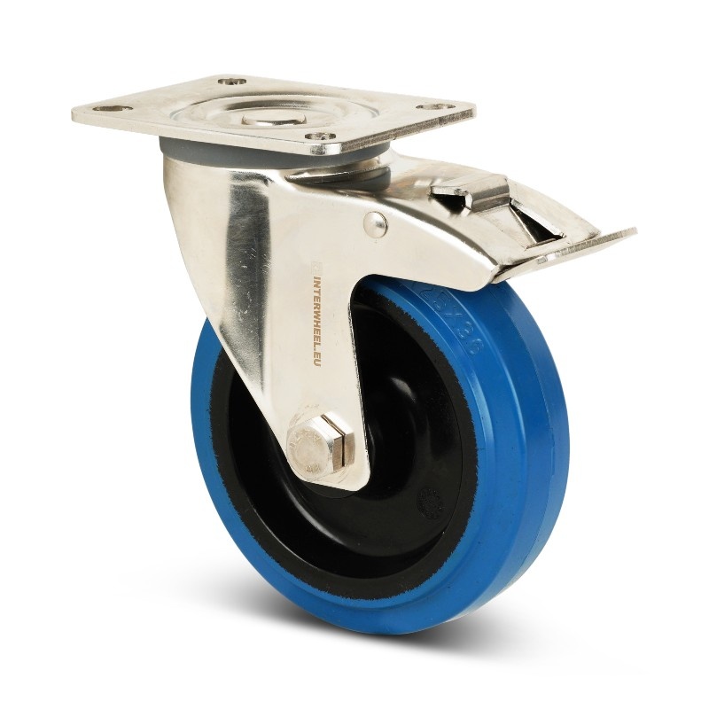 Rvs zwenkwiel 80 met rem - Elastisch rubber - 110 kg