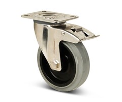 Rvs zwenkwiel met rem 125 mm rubber - 190 kg