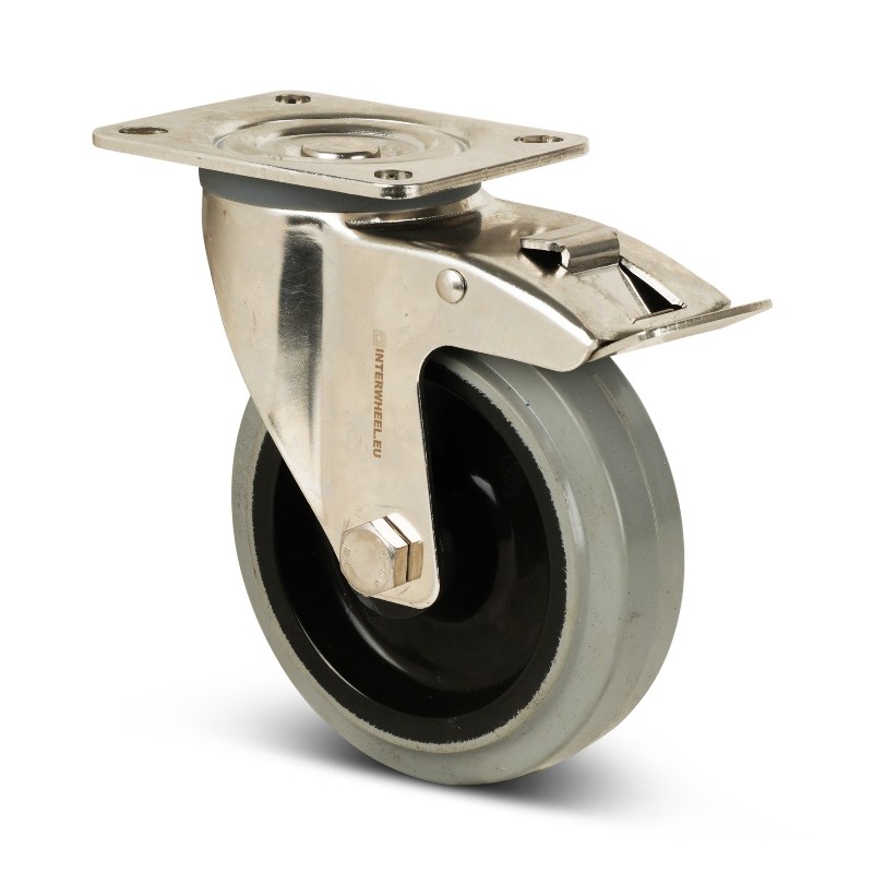 Rvs zwenkwiel met rem 125 mm - Elastisch rubber - 190 kg