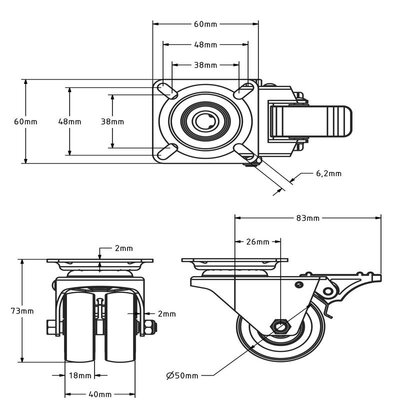 Dubbel zwenkwiel met rem 50 mm - plaat - 80 kg