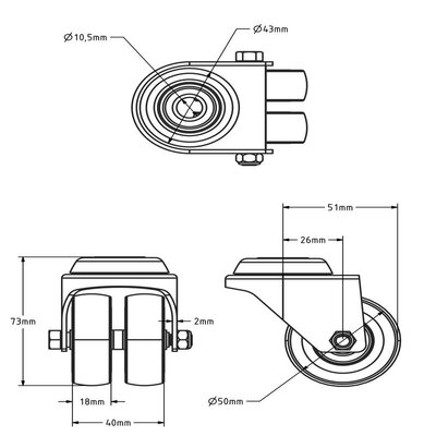 Dubbel zwenkwiel 50 mm - boutgat - 80 kg