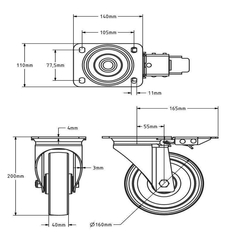 Zwenkwiel met richtingvastzetter 160 mm Rubber