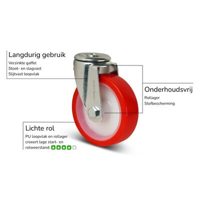 PU zwenkwiel 200 mm - boutgat - rollager- 400 kg