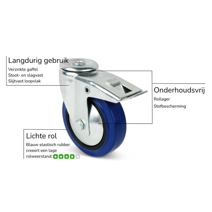 Blauw rubber zwenkwiel met rem 80 mm - 110 kg